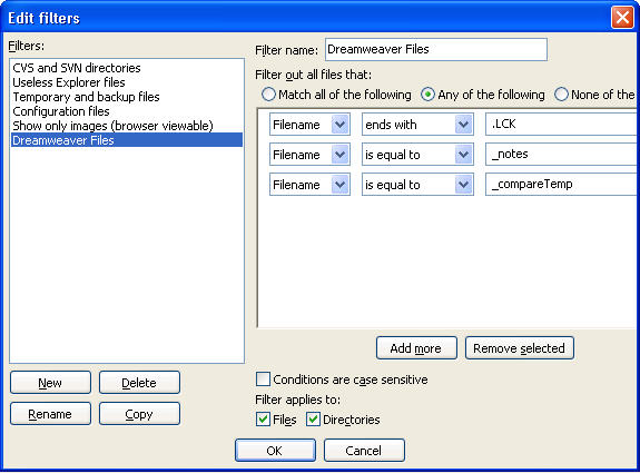 FileZill Filename Filters for Dreamweaver